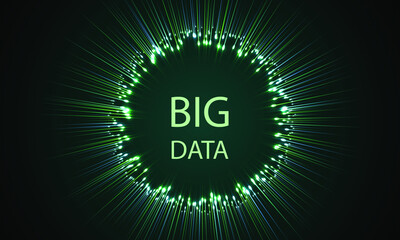 Big data visualization concept vector design. Circle frame on connected lines and glowing dots. Digital information statistical and analysis methods visual concept. Big data system structure.