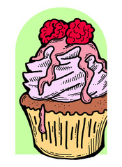Sweet tasty dessert cupcake with cream and deco for morning breakfast in café or restaurant. Mini birthday cake for pleasure. Hand drawn colorful retro vintage illustration. Old style drawing.
