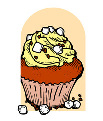 Sweet tasty dessert cupcake with cream and deco for morning breakfast in café or restaurant. Mini birthday cake for pleasure. Hand drawn colorful retro vintage illustration. Old style drawing.