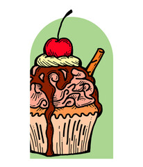 Sweet tasty dessert cupcake with cream and deco for morning breakfast in café or restaurant. Mini birthday cake for pleasure. Hand drawn colorful retro vintage illustration. Old style drawing.