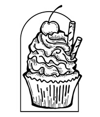 Sweet tasty dessert cupcake with cream and deco for morning breakfast in café or restaurant. Mini birthday cake for pleasure. Hand drawn monochrome retro vintage illustration. Old style line drawing.
