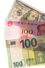 Banknotes of 100 US dollars, 100 euros and 100 Chinese yuan