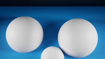 3D rendering. 3D illustration.Top view of three white spheres with an overall light.