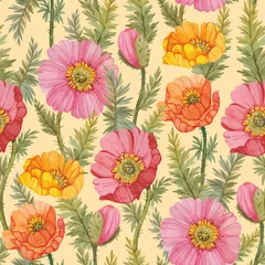 Fototapeten Seamless floral pattern with hand drawn watercolor poppy flowers and leaves. Botanical print with yellow, pink and red poppies. © Maria Kviten