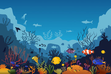 Fototapeta na wymiar coral reef with fish underwater on a blue sea background. Vector ocean panoramic illustration. 
