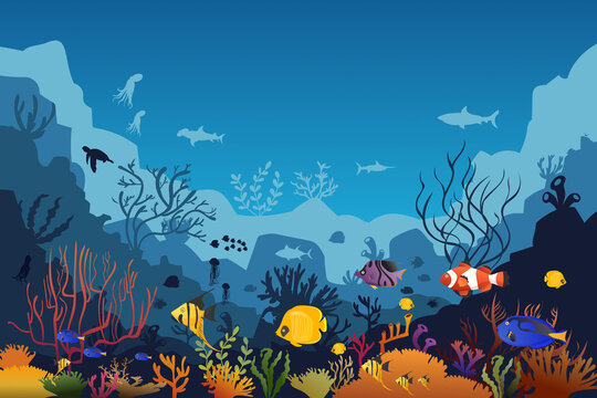 coral reef with fish underwater on a blue sea background. Vector ocean panoramic illustration.	
