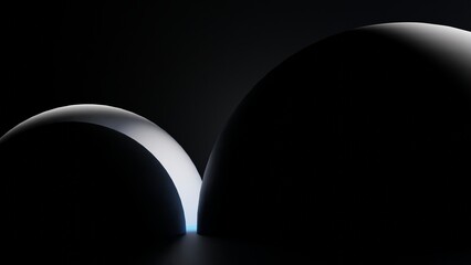 3D rendering. 3D illustration. Very dark room with a dim light from the back illuminating three spheres.