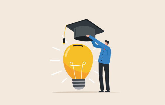 Investment in knowledge pays the best interest. Invest in yourself. .Study work, stock funds, self improvement. Time management and business. A businessman wears a graduation cap to light an idea.