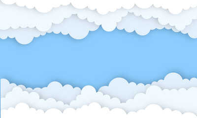 Beautiful fluffy clouds on blue sky background. Vector illustration. Paper cut style.
