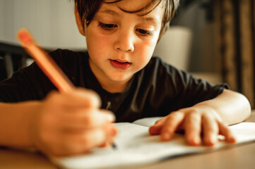 A five - year - old boy is doing his homework . A boy with a pencil in his hands writes, a boy draws on white paper at the table. Primary school and home schooling, the concept of distance education.