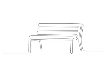 Bench in park in line art style. Continuous One line minimalism style drawing. Wooden furniture for outdoor relax. Single line illustration in perspective view. Handdraw contour. Doodle vector