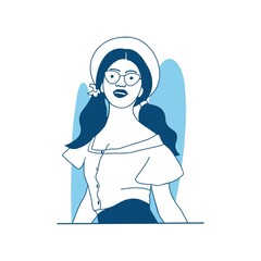 flat style vector illustration beautiful girl young girl wearing straw hat on summer vacation.