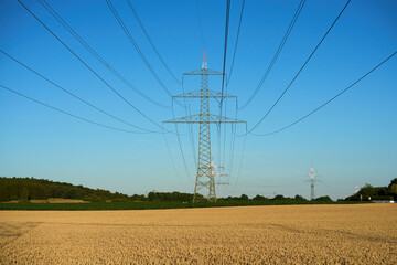 Strommasten durch ein Kornfeld