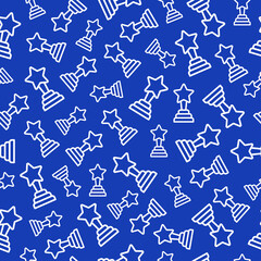 Blue seamless pattern with white outline trophy.
