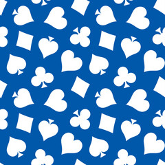 Blue seamless pattern with white playing cards suit.