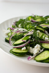 Light summer salad of cucumbers, onions and feta cheese in an oval white dish, close-up