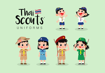 Set of Thai boy and girl scouts uniforms vector illustration. Thai Scouts' attire - obrazy, fototapety, plakaty