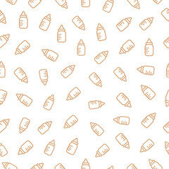 White seamless pattern with beige baby bottle.