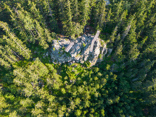 Aerial photo of rocks in forest