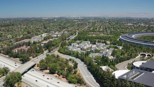 Aerial pullback of suburban houses in Cupertino San Jose in the Bay Area