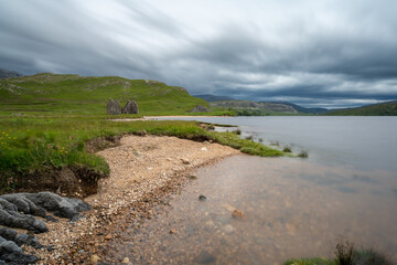 long exposure view of the Calda House ruins on Loch Assynt in the Scottish Higlands