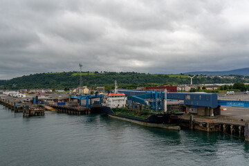 view of the industrial port and ferry harbor of Larne on the coast of Norther Ireland