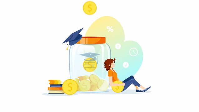 Jar with coins and woman saving money for an education. Money saving or accumulating, Financial services, Deposit concept. Animation video.