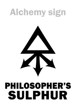 Alchemy Alphabet: SULPHUR PHILOSOPHORUM (Philosophic Sulfur, Philosophers' perfect sulphur, Perfect Sulfur), The dry fiery perfect masculine source. Alchemical sign, Medieval symbol.
