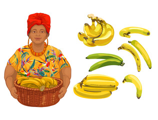 759_banana_woman with dark skin bananas from different angles, whole, cartoon banana slices, banana peel, yellow tropical fruits, banana snacks or vegetarian food, dark-skinned African woman in bright