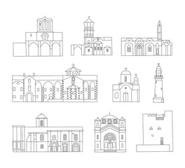 Vector line hand drawn illustration with Cyprys churches and monasteries. Stone Orthodox Christian Greek Arhitecture buildings set