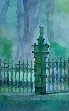 Friedhof mit Zaun und Park &auml;hnlichen B&auml;umen. Vektor Illustration in Low Poly Art. 