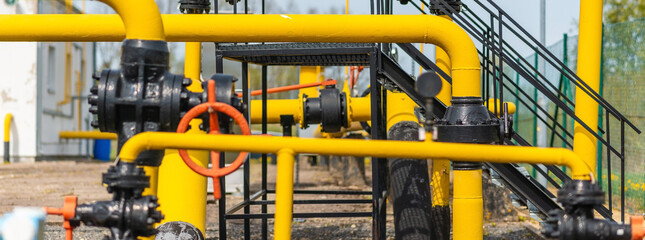 Banner.Valves at gas plant,pressure safety valve,selective focus.Background for business.Selective focus.Summer day.
