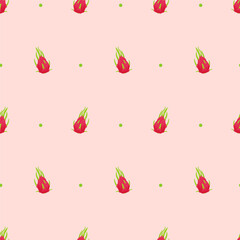 Seamless pattern with exotic tropical fruits, whole pitaya, pitahaya, dragon fruit and green dots on pink background. Vector illustration, print for packaging, fabrics, wallpapers, textiles.