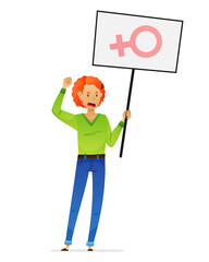 Young woman, standing and protesting with placard for women's rights isolated on white background. Demonstration. Vector illustration for postcard, banner, web, advertising, article, design, art.