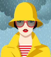 1308_Beautiful woman wearing yellow raincoat and hat outside in the rain - 515897160