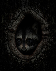 muzzle of a raccoon peeking out of a hollow tree