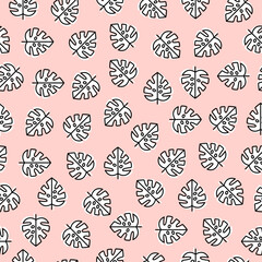 White monstera leaves seamless pattern with pink background.