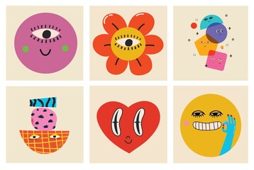 Big Set of Different colored Vector illustartions for posters in Cartoon Flat design. Hand drawn Abstract shapes, faces, different texture, greek elements, funny Comic characters.