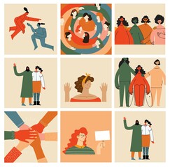 Women friendship group. Diverse female team standing together, holding hands, girls power, multinational sisterhood community vector illustration. Friendship group females, people diversity