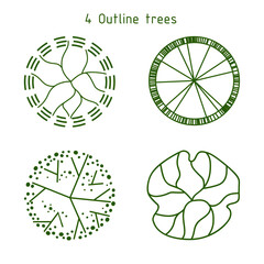 Tree for architectural floor plans. Outline. Various trees, bushes, and shrubs, top view for the landscape design plan. Vector illustration.