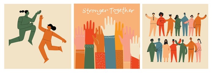 Women friendship group. Diverse female team standing together, holding hands, girls power, multinational sisterhood community vector illustration. Friendship group females, people diversity