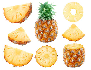 Collection of pineapple fruit pieces isolated on white background