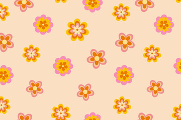 Seamless flower retro vibes pattern background 60s 70s. Hippie texture.   - obrazy, fototapety, plakaty