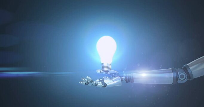 Animation of illuminated light bulb over hand of robot arm with illuminated light on dark background