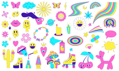 A set of y2k stickers with funky trendy surreal elements, rainbow, melted smile, psychedelic mushrooms. A set of comic acid stickers from 2000s. Weird vector illustration isolated on white.