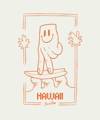 Hand character surfing Hawaii palms and waves silkscreen vintage typography t-shirt print vector illustration.