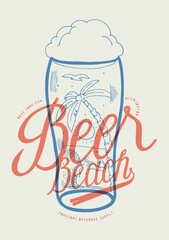 Beer beach. Beach with a wave and palm-tree under the sun inside the beer glass. Beach vacation silkscreen vintage typography t-shirt print.