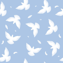 Whites birds flying on the light blue background seamless vector pattern
