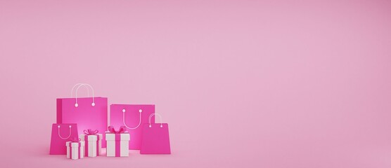 Pink background online shopping on social media app. With pink shopping bag white gift box, suitable for promotion of digital stores,3d illustration