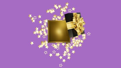 beautified opened gift box with goldish stars for black friday sell-out, isolated - object 3D rendering